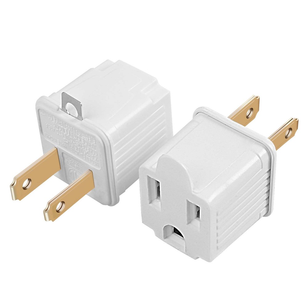 Grounded Adapter 3-Prong to 2-Prong Outlet Converter – 2 Pack, White