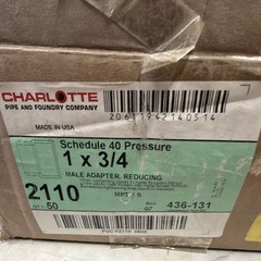 Charlotte Pipe Sch 40 Pressure PVC Reducing Male Adapter 1 x 3/4 2110 Qty 50