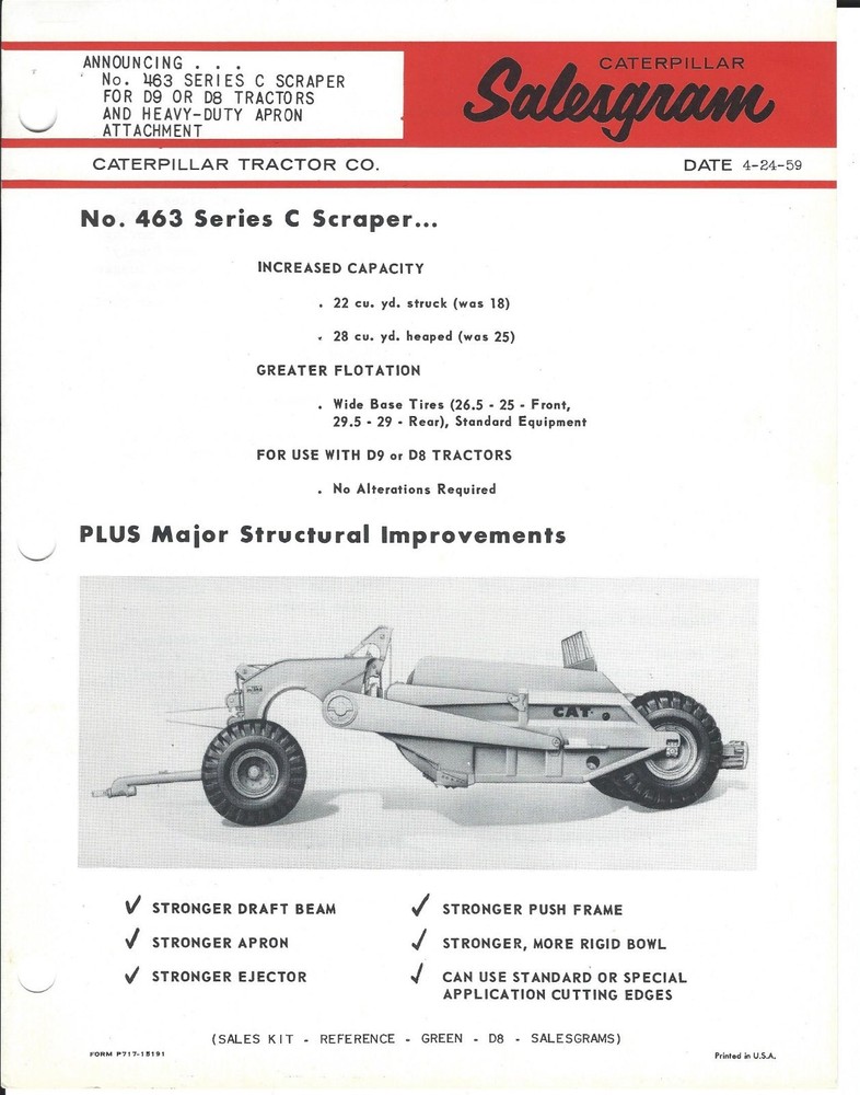 Equipment Brochure Salesgram – Caterpillar – 463C Scraper for D8 D9 1959 (E439)