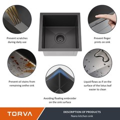 TORVA 14 x 14 Inch Gloss Black Undermount Kitchen 14 x 14 x 9 Inch, Dark Gray