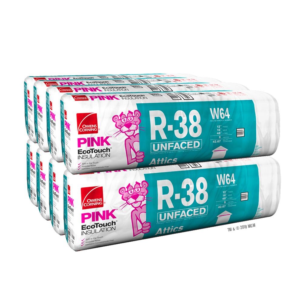 Owens Corning 341 SQFT 8 bags of R38 Unfaced 16 x 48 Fiberglass Fits 2X12
