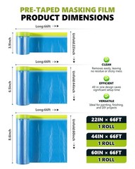 Pre-Taped Masking Film for 3 Rolls (22″x 66’|44″x 66’| 60″x 66′), Blue