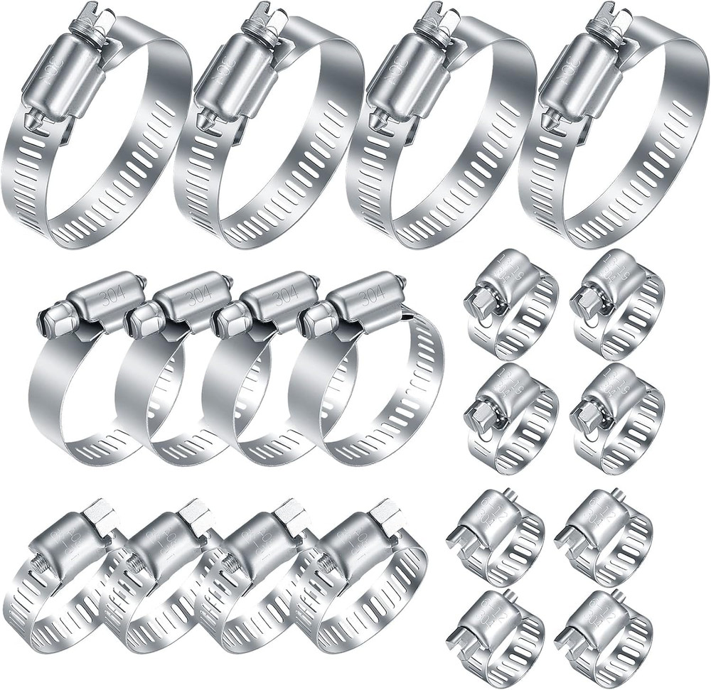 20Pcs Stainless Steel Hose Clamps Assortment Kit 1/4-2 in Plumbing Automotive