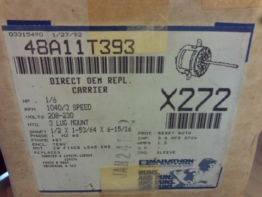 Marathon Electric motor 48A11T393 X272 1/6 HP 1040/3 spd 208-230V 1 Ph 1B1368E14