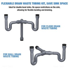 NiHome Double Kitchen Sink Drain Kit, Flexible P-Trap 1 1/2″ or 1 1/4″, Gray