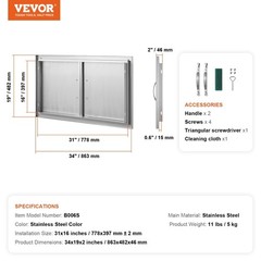 VEVOR Double BBQ Access Door, 34W x 19H Inch Stainless Steel Flush Mount Vert…