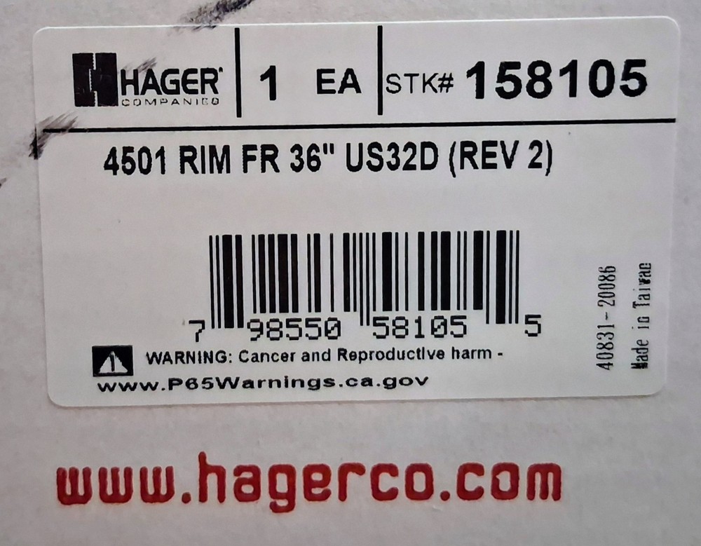 Hager 4500 Series 4501 Rim Exit Device Fire Rated 36in US32D, Hardware