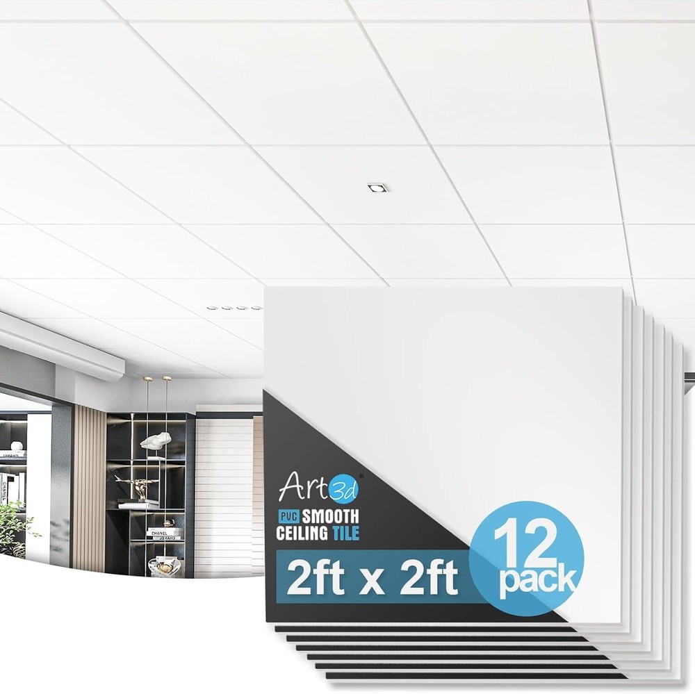 Art3d 12-Pack Smooth Drop Ceiling Tile 2ft x 2ft in Off White, PVC Ceiling Panel
