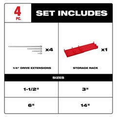 Milwaukee Tool 48-22-9340 Socket Extension Set 14 In L, 4 Pieces, Chrome