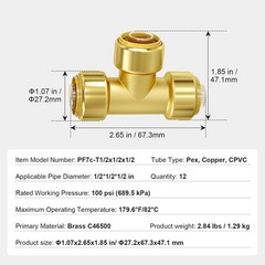 Pipe Fittings 1/2″ X 1/2″ X 1/2″ 12PCS Push-Fit Tees Brass Fittings