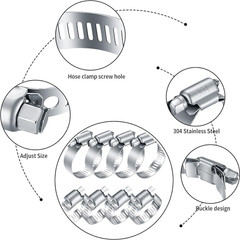 20Pcs Stainless Steel Hose Clamps Assortment Kit 1/4-2 in Plumbing Automotive