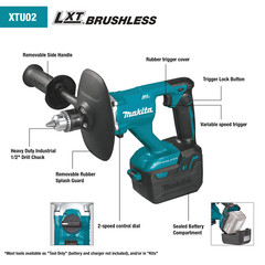 Makita XTU02Z 18V LXT Lithium‑Ion Brushless Cordless 1/2 in. Mixer, Tool Only, N