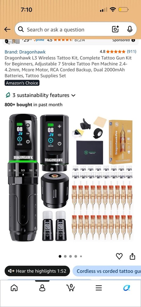 Dragonhawk L3 Tattoo Kit, Cordless/Cord Complete Tattoo 2 Batteries 2,000mAh