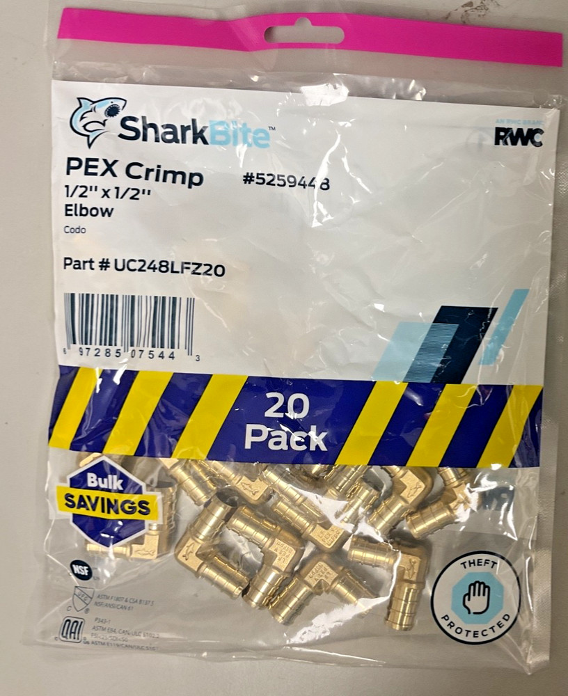 NEW BAG OF 20 SharkBite 1/2” X 1/2” Pex Brass 90 Deg Crimp Elbow