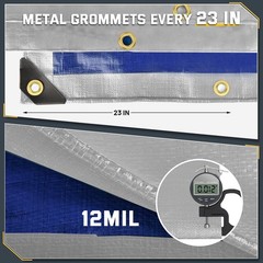Kesfitt 12 Mil Heavy Duty Waterproof Tarp with Metal Grommets, 12×20 ft, Silv…