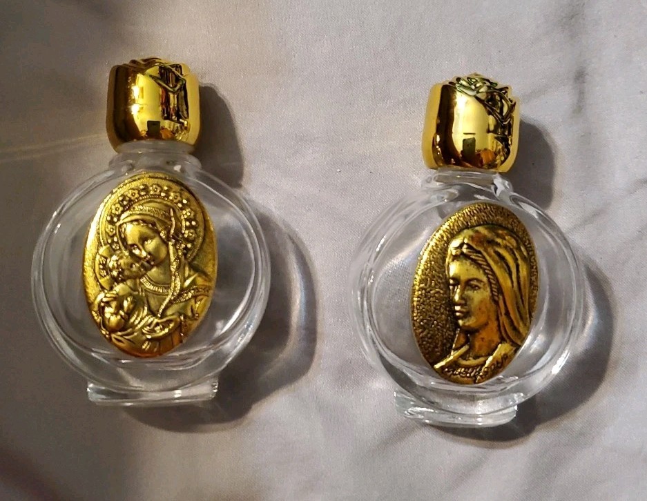 Lot of 2 – Holy Water Jesus Glass Bottle Religious Bottle Christian Bottle