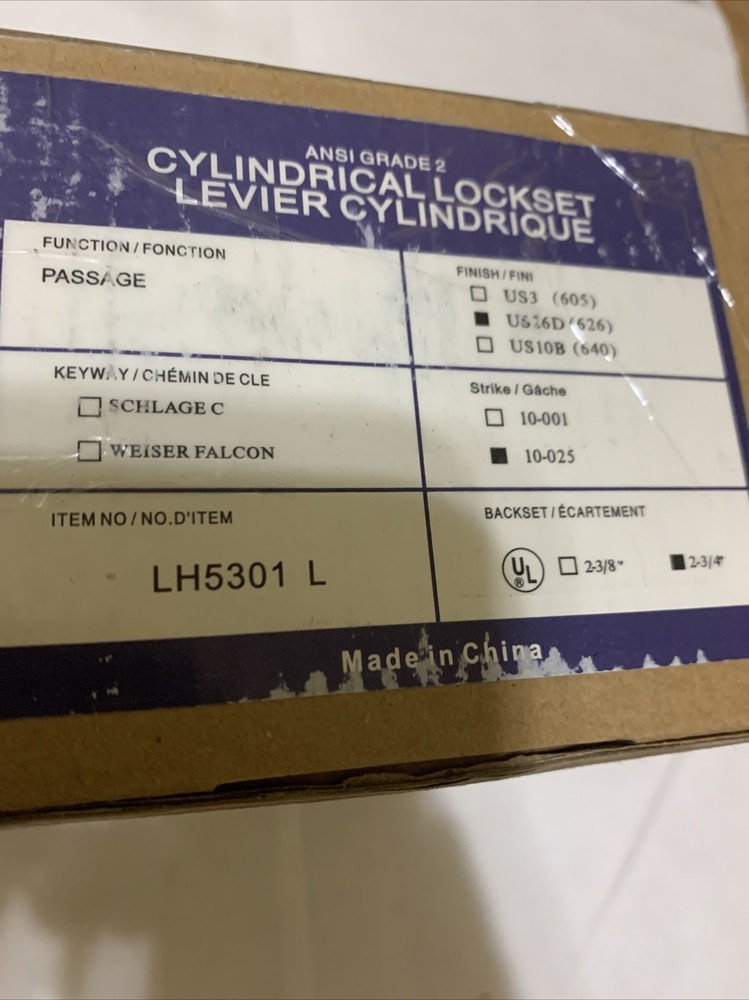 Lawrence Hardware LH5301 L Cylindrical Lockset Levier Cylindrique