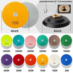 13 Pcs 4″ Diamond Polishing Pads 50-8000 Grit Wet/Dry w/ 5/8″-11 Backer Pad