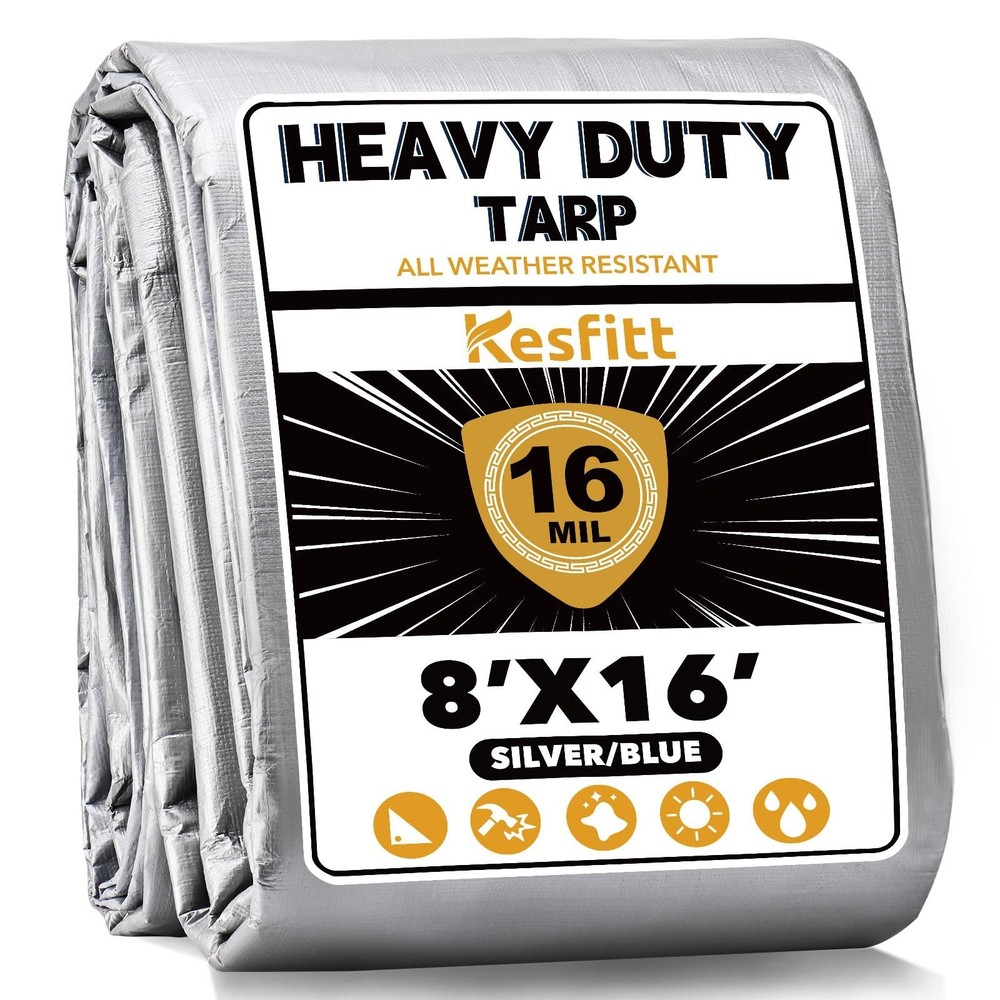 Kesfitt 16 Mil Heavy Duty Waterproof Tarp with Metal Grommets, 8×16 ft, Silve…