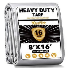 Kesfitt 16 Mil Heavy Duty Waterproof Tarp with Metal Grommets, 8×16 ft, Silve…