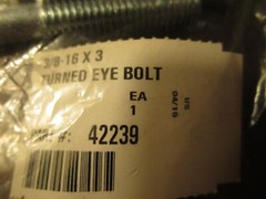 3/8″-16 x 3″ Shank L x 1-1/2″ Thread L x 4-1/2″ OAL Zinc Turned Eye Bolt QTY 3