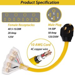 50 Amp to 110V 20 RV Adapter Cord, 4 Prong NEMA 14-50P Male Plug Yellow