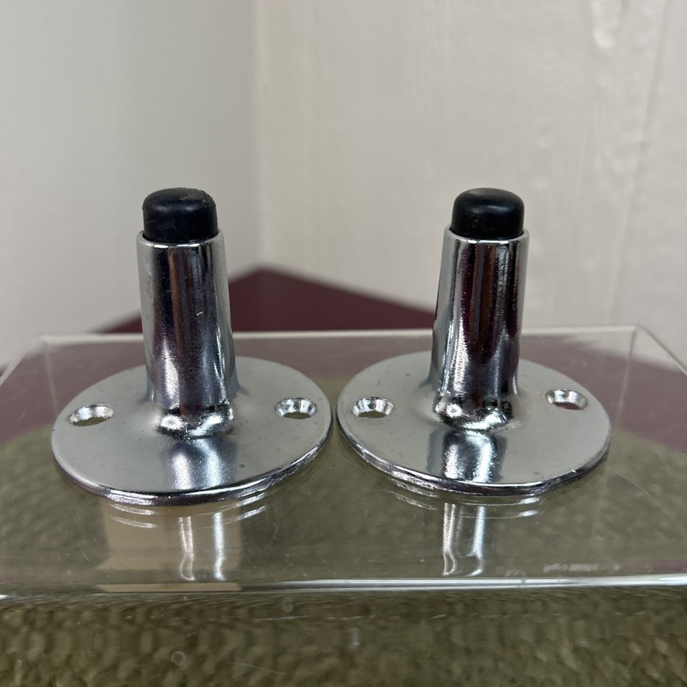 Set Of 2 Door Stops Rubber Tip Polished Chrome NOS