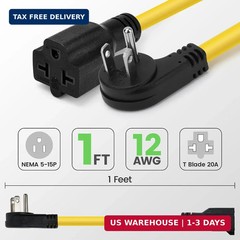 [4-in-1]12AWG Flat 15 Amp Household AC Plug to 20 Amp T Blade Adapter Cable 1FT,