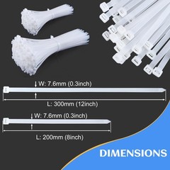 Zip Ties Assorted Sizes 8 + 12 Inch 500 Pack, 120 LBS Tensile Strength, White…