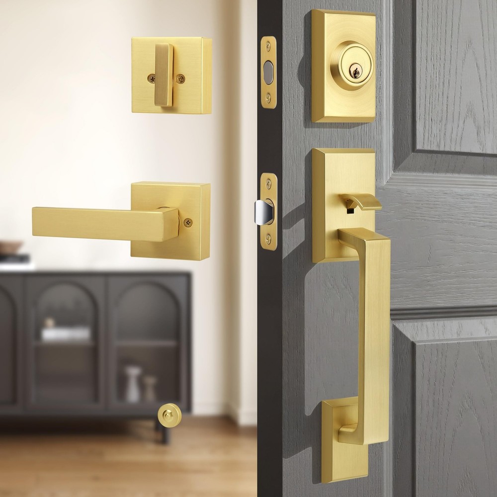 Brushed Gold Front Door Handleset Heavy Duty Gold Door Handle and Deadbolt Lo…
