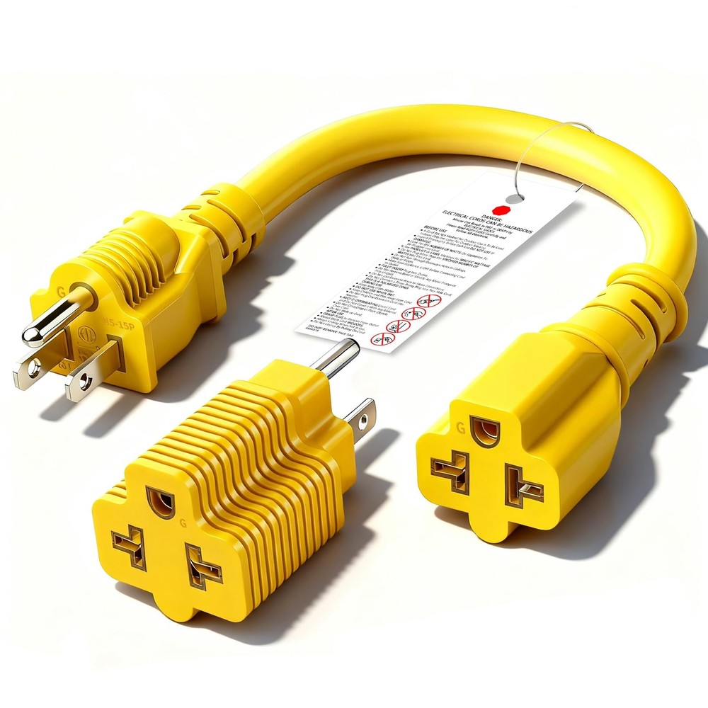 4-in-1 15 Amp to 20 -1ft Extension Cable&Power Adapter， T 1 ft, Yellow