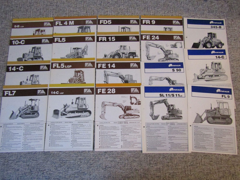 19 Brochures Fiat Allis FL5 SL11 14C FR9 FL9 8B- LGP Construction Vehicles 70/80s