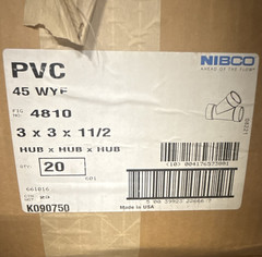 NIBCO PVC 45° Wye Fitting 3 x 3 x 1-1/2 Hub x Hub x Hub 4810 Qty 20