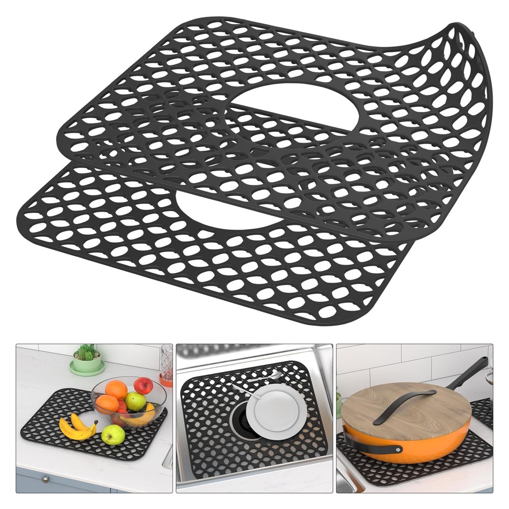 TOOVEM Kitchen Sink Mats, 2PCS Non-Slip Heat 13.58 x11.6 Center Drain, Black