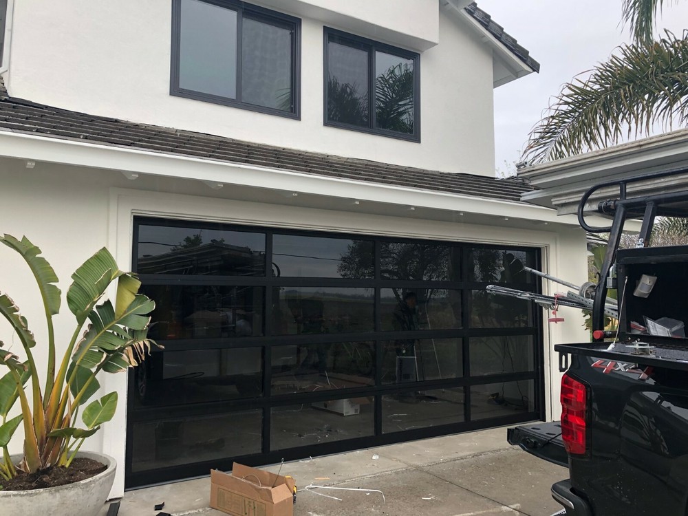 Black Anodized Aluminum & 1/2″ Insulated Grey Tinted Glass Garage Door [9’x7′]
