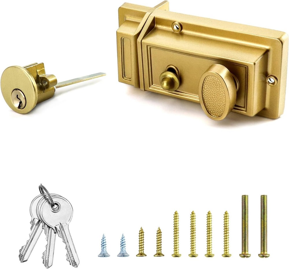 QWORK Night Latch Deadbolt Rim Lock with Key Gold Finish Antique Style