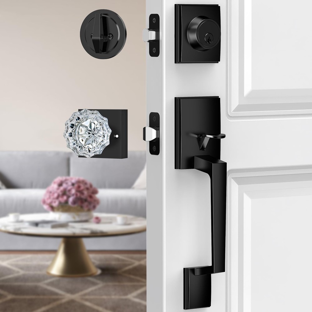 Black Front Door Handle and Deadbolt Set, Modern Front Door Lock Set with Cry…