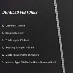 1/8 inch T316 Grade Stainless Steel Wire Rope Cable (1 Roll of 100 Feet)