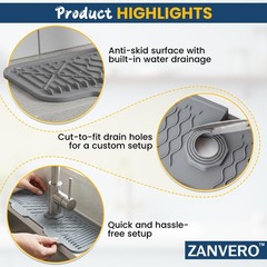 ZANVERO Extra Thick Silicone Faucet Mat for Kitchen & Bathroom 17″ x 6″, Gray