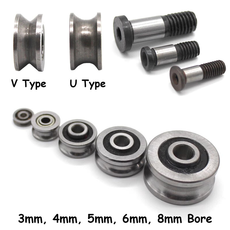 Bore 3/4/5/6/8mm V/U Grooved Wire Guide Pulley Wheel Steel Rollers Ball Bearings