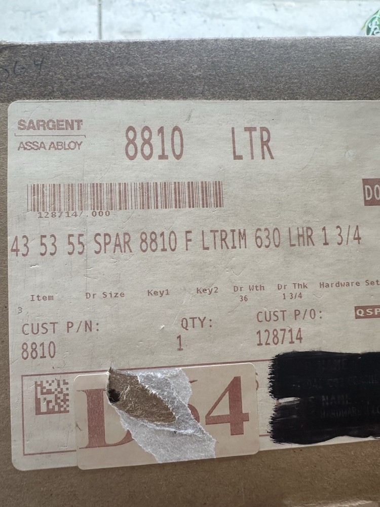 Sargent 8810 LTR Exit Device. 43 53 55 SPAR F LTRIM 630 LHR 1 3/4”
