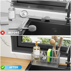 Cisily Sink Caddy Organzier with High Brush Holder, Sponge Holder 9.25″, Grey