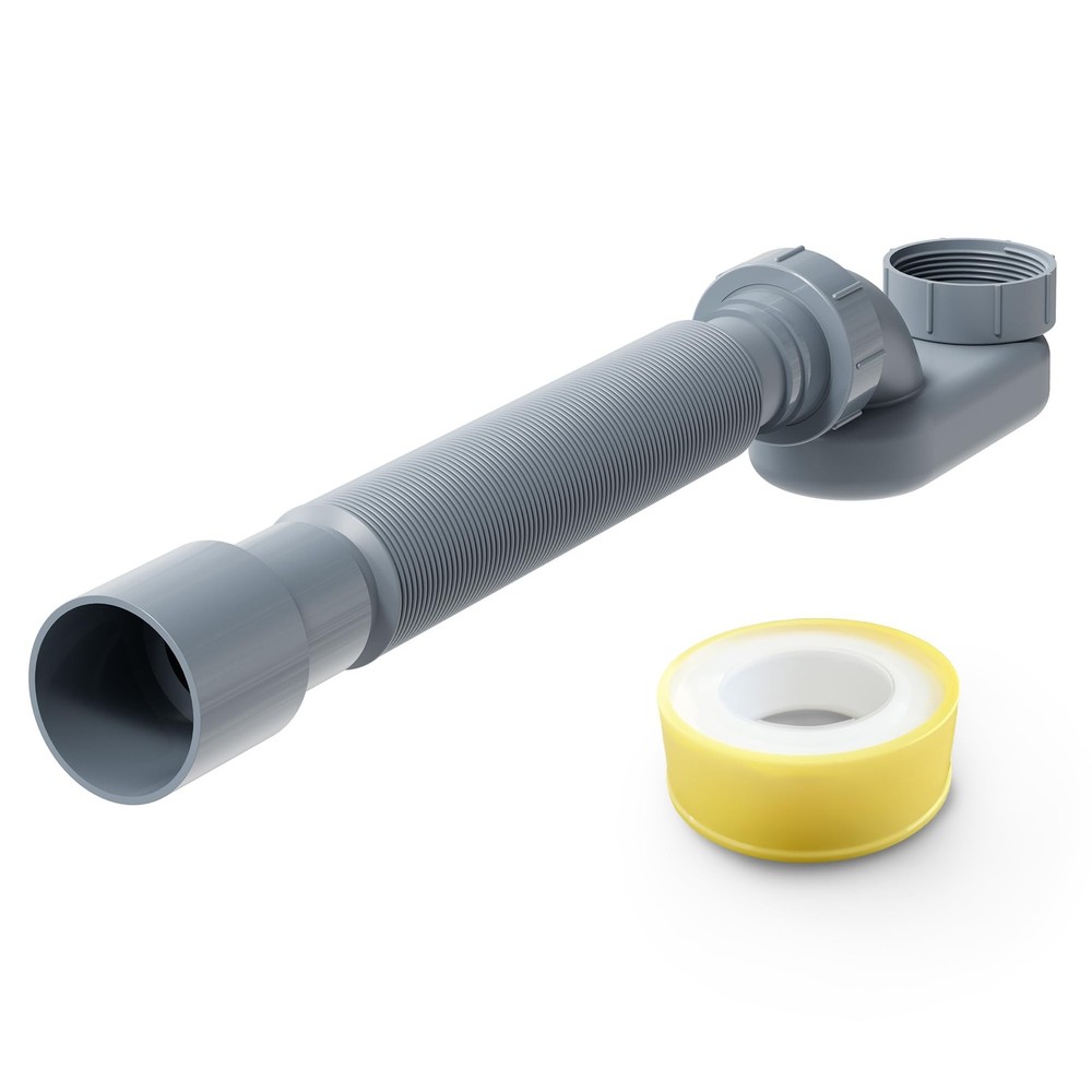 Flexible Freestanding Tub Drain Kit, Low Profile Flat P Trap for Small, Gray