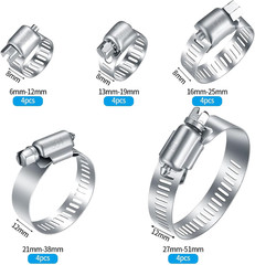 20Pcs Stainless Steel Hose Clamps Assortment Kit 1/4-2 in Plumbing Automotive