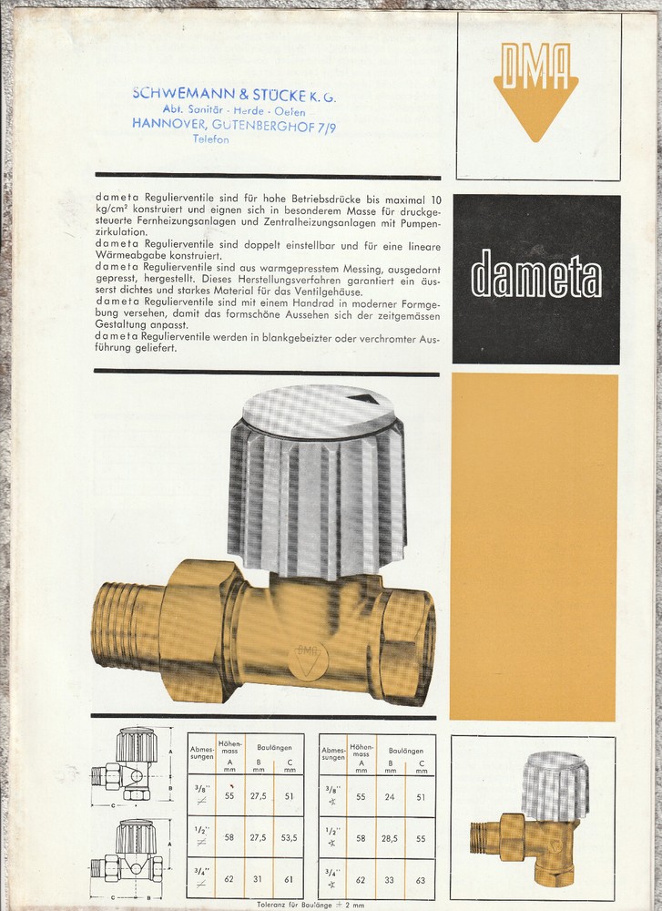 DMA Dansk Metal & Auto Industry Denmark * Brochure Dameta Valves * 1965