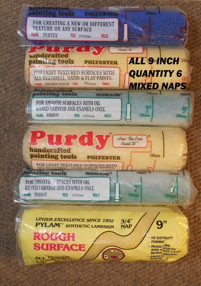 6 NEW Purdy paint roller covers – 9 inch width, mixed specialty texture naps