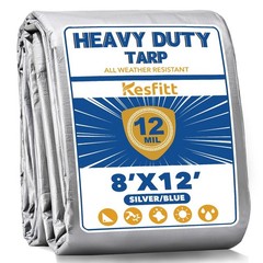 Kesfitt 12 Mil Heavy Duty Waterproof Tarp with Metal Grommets, 8×12 ft, Silve…