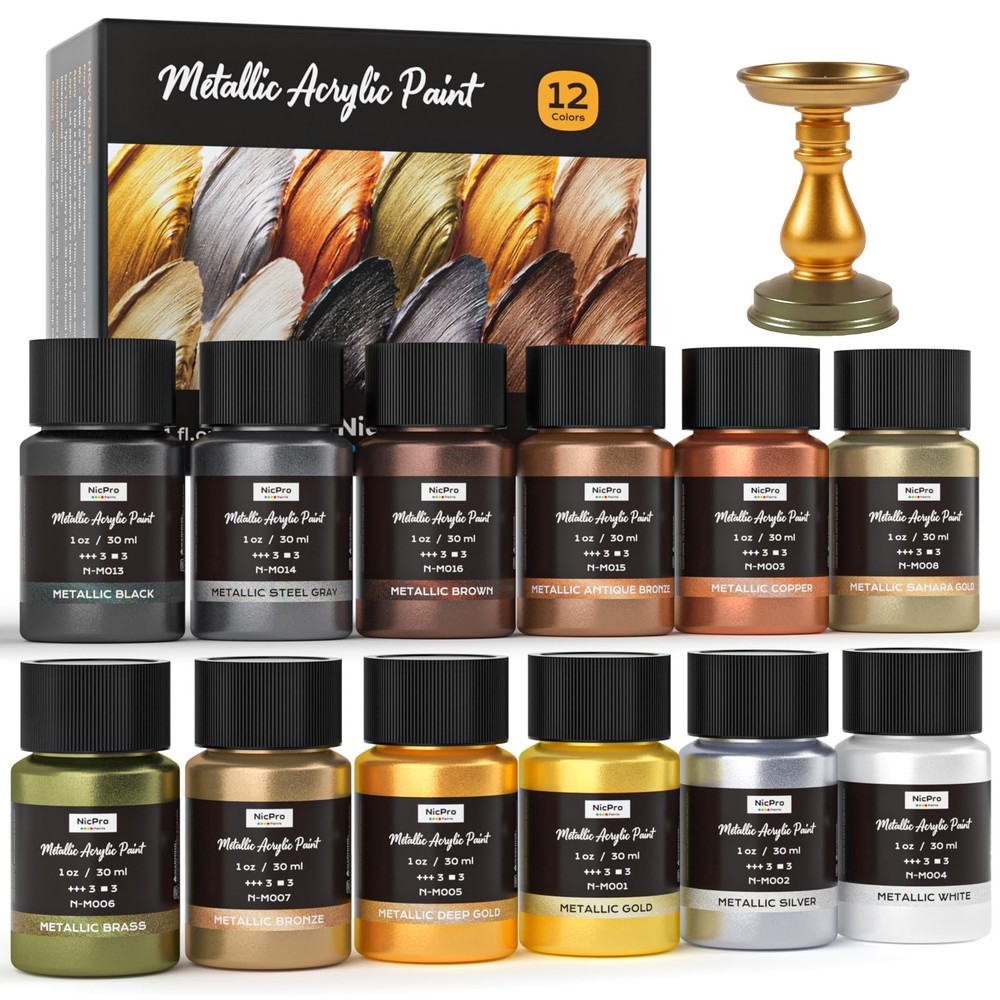 Nicpro 12 Colors Metallic Acrylic Paint, 1oz 1 Fl Oz (Pack of 12), 12