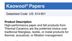 1/4″ Kaowool 12″ x 12″ Ceramic Fiber Paper KAWL 900 Grade Thermal Ceramics 2300F