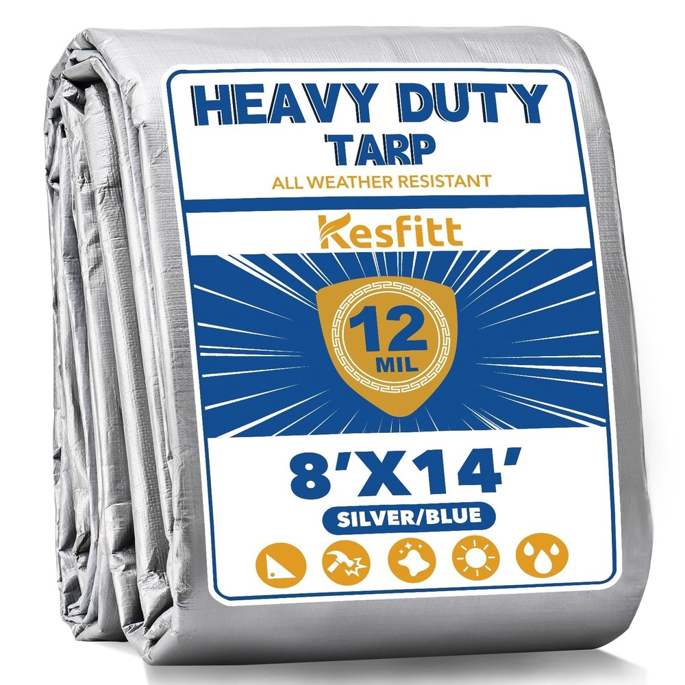 Kesfitt 12 Mil Heavy Duty Waterproof Tarp with Metal Grommets, 8×14 ft, Silve…
